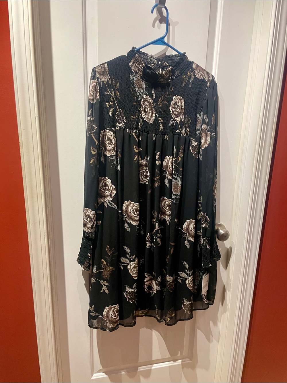 Women's Black Floral Smocked-Yoke Mini Dress